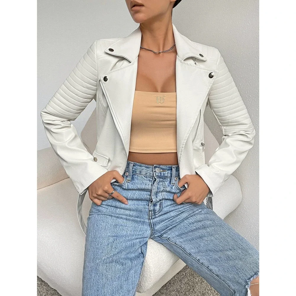Lapel Collar Belted Zip Up vegan leather Moto Jacket black - Picture 11 of 11